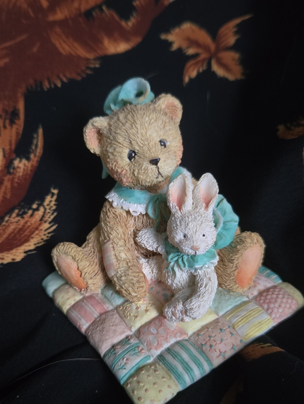 Cherished Teddies Beige Bear and White Bunny on Pastel Quilt
